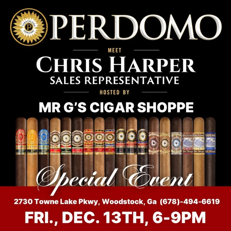 Promotional flyer for a cigar event featuring Perdomo cigars. Hosted by Mr G's Cigar Shoppe on Fri., Dec. 13th, 6-9 PM at 2730 Towne Lake Pkwy, Woodstock, GA.