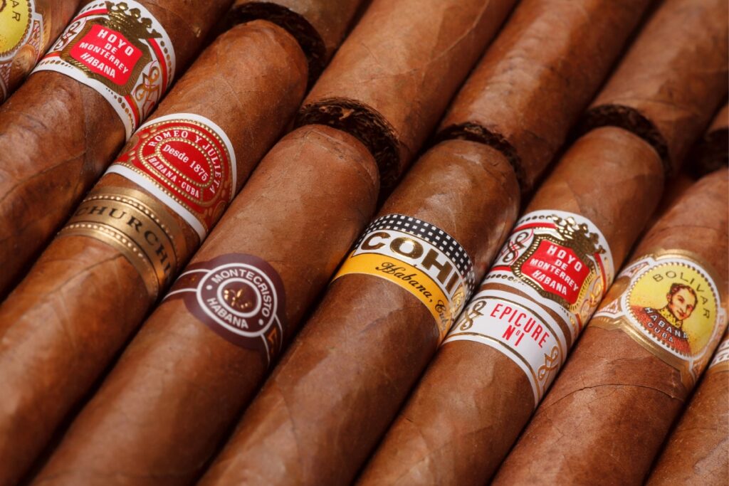 Close-up image of assorted luxury cigars, each with distinct bands bearing brand names and logos, arranged side by side.