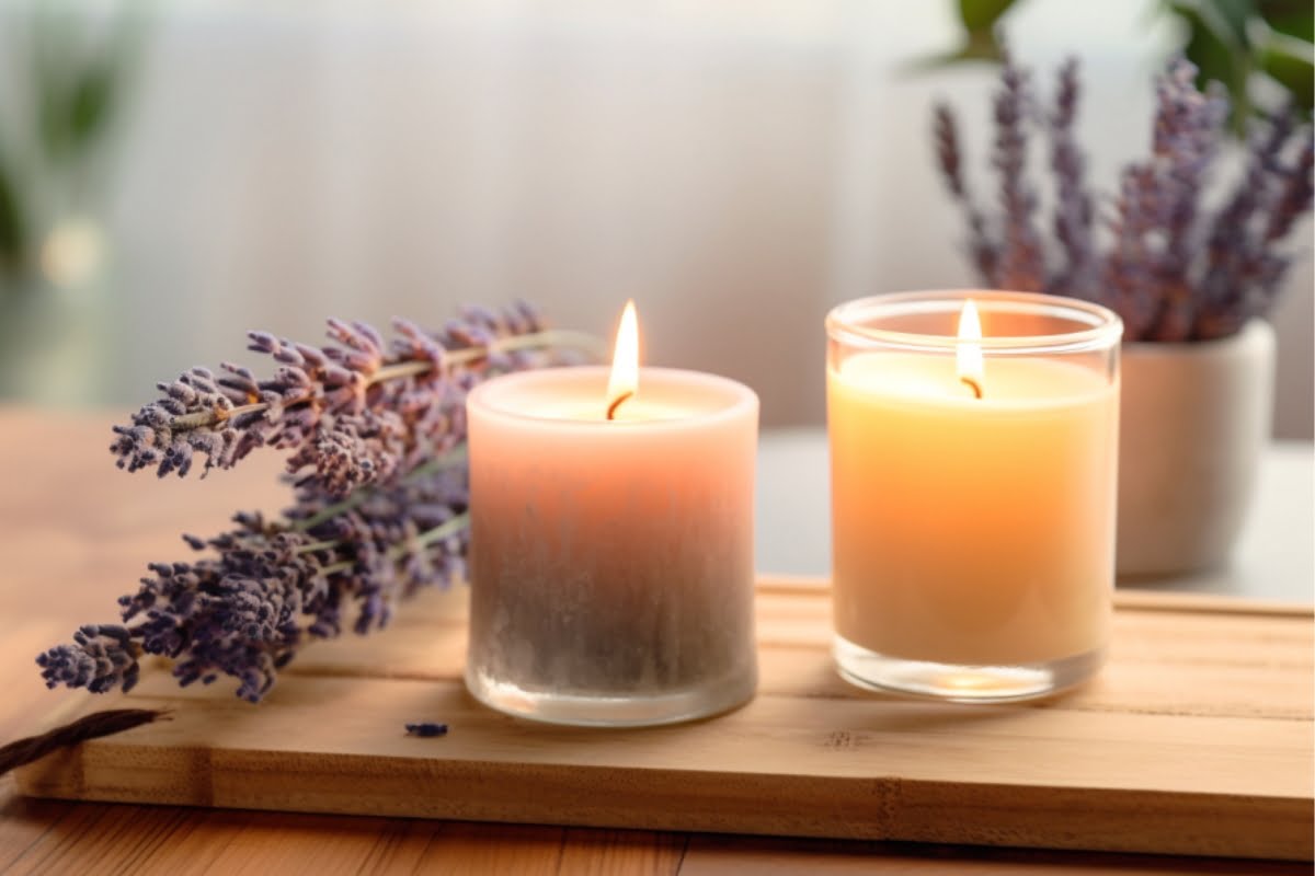 Two lit candles in glass holders are placed on a wooden surface, accompanied by sprigs of lavender and a potted plant in the background, creating a serene atmosphere perfect for diffusing essential oil for smokers.