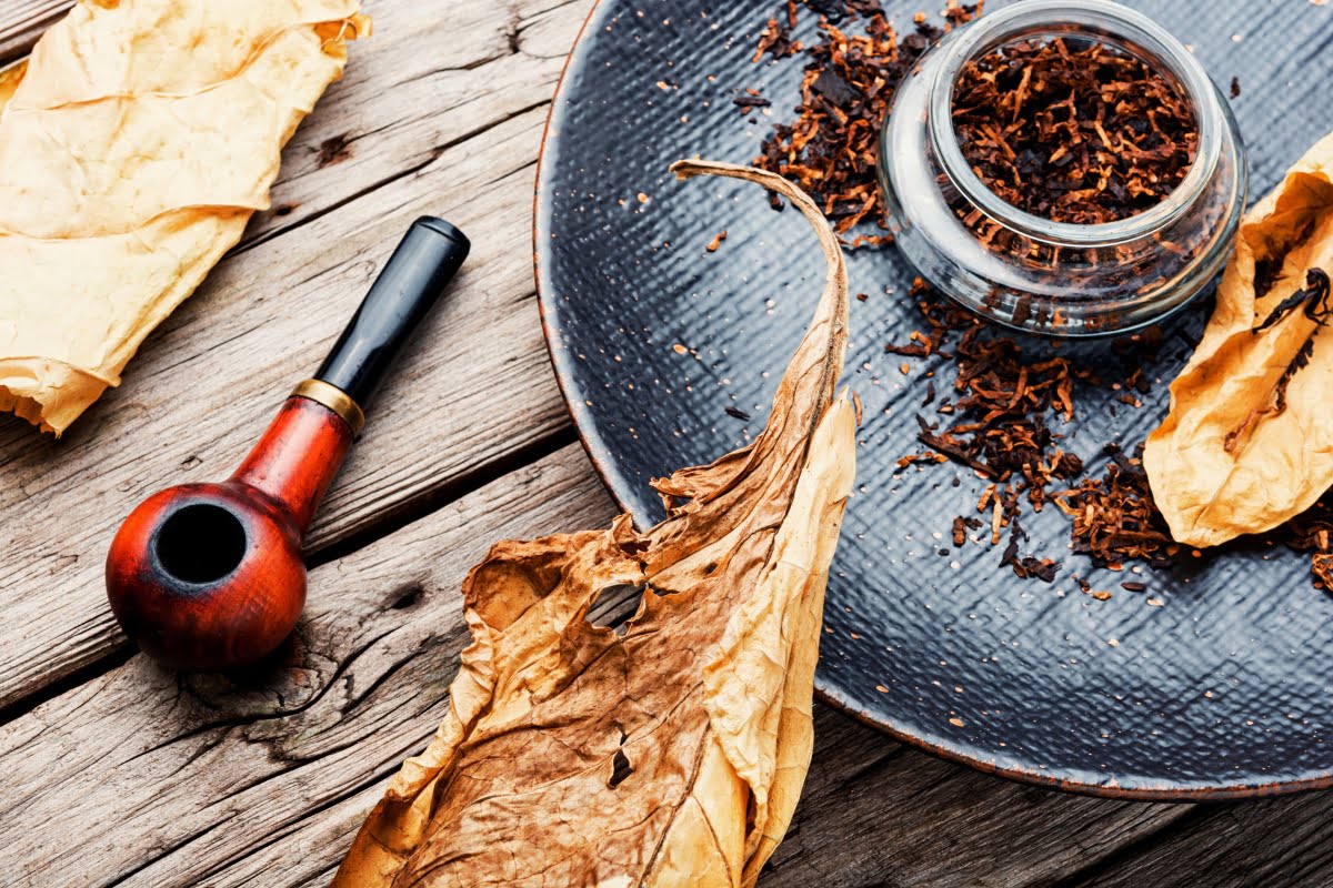 A wooden pipe, dried tobacco leaves, and a black plate with loose tobacco sit on a rustic wooden surface. A small glass jar filled with tobacco completes this charming display of smoking memorabilia.