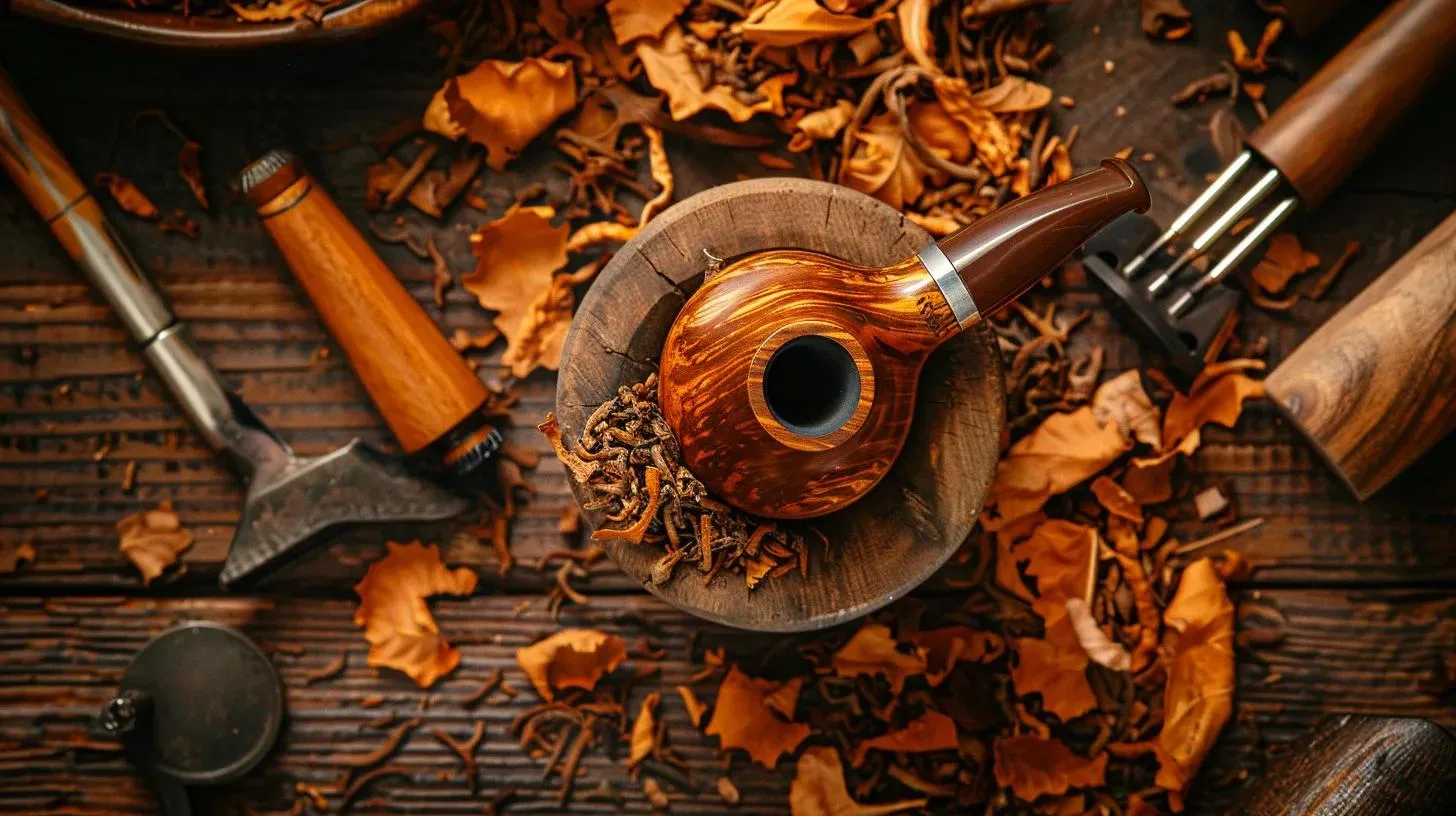 a beautifully arranged tobacco pipe, showcasing its polished wood grain and intricate design, sits atop a rustic wooden table, surrounded by vibrant, dried tobacco leaves and tools for maintenance, all illuminated by soft, warm lighting that enhances the rich textures and colors.